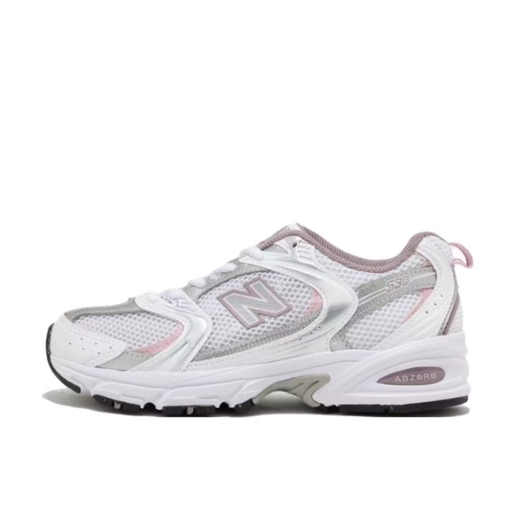 New Balance white silver pink-accent running sneakers